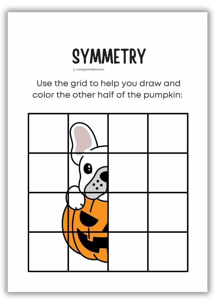 Pumpkin symmetry worksheet with grid drawing activity - Pumpkin and Dog