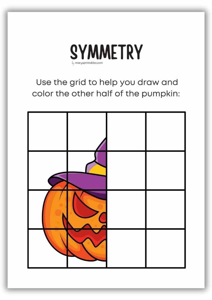 Pumpkin symmetry worksheet with grid drawing activity - jack o Lantern