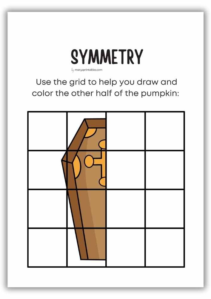 Pumpkin symmetry worksheet with grid drawing activity - Coffin