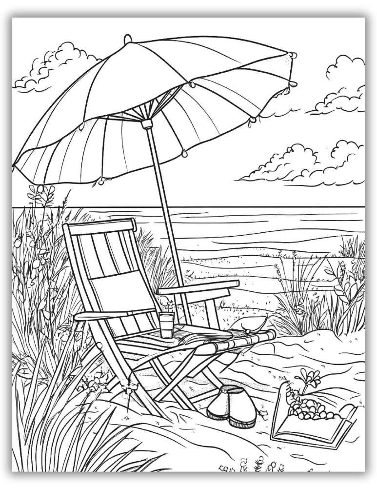 Quiet beach with a bench and umbrella – free printable PDF coloring page perfect for summer or seaside themes.