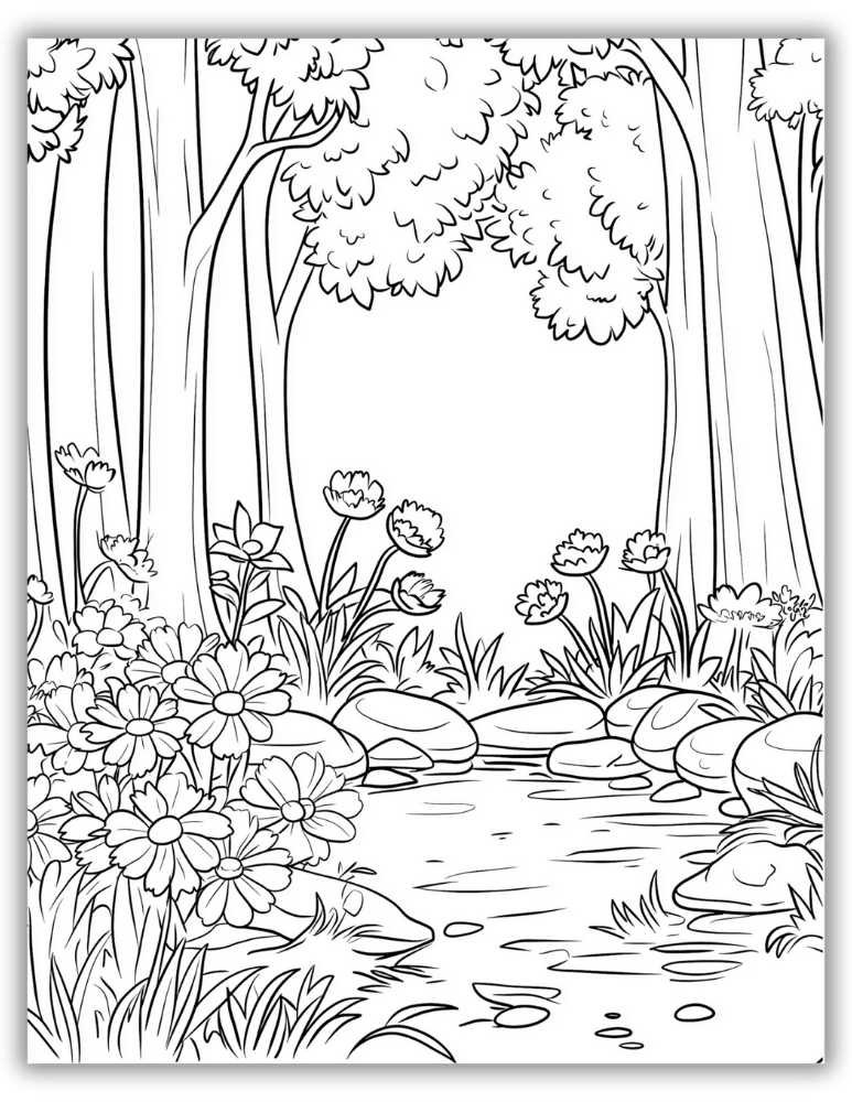 Lush forest path filled with trees and blooming flowers – free printable PDF coloring page for nature lovers.