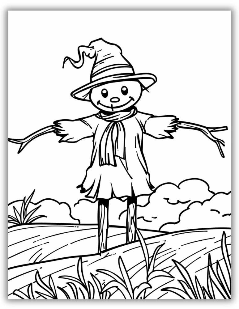 Classic scarecrow wearing a hat and plaid shirt free printable coloring page