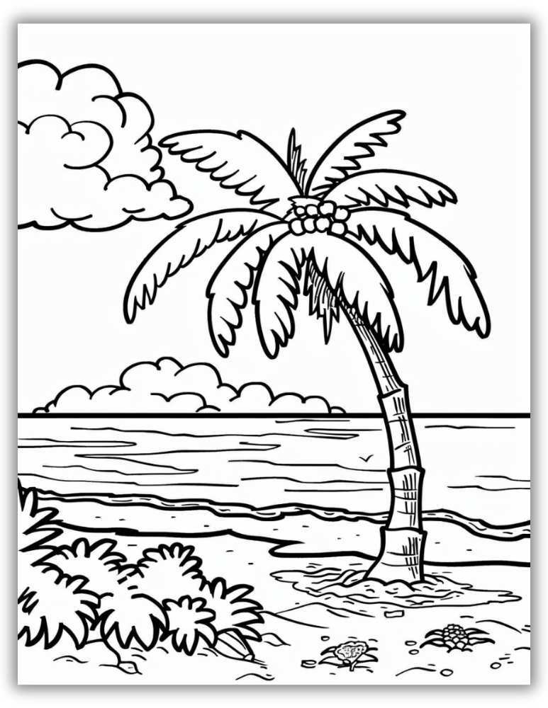 Simple beach scene with coconut tree and sand – free printable PDF coloring page for tropical fun.