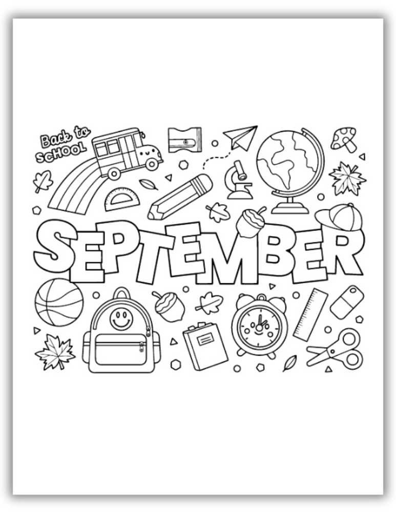 September coloring page with back to school icons including backpack, books, globe, alarm clock, and playful September lettering