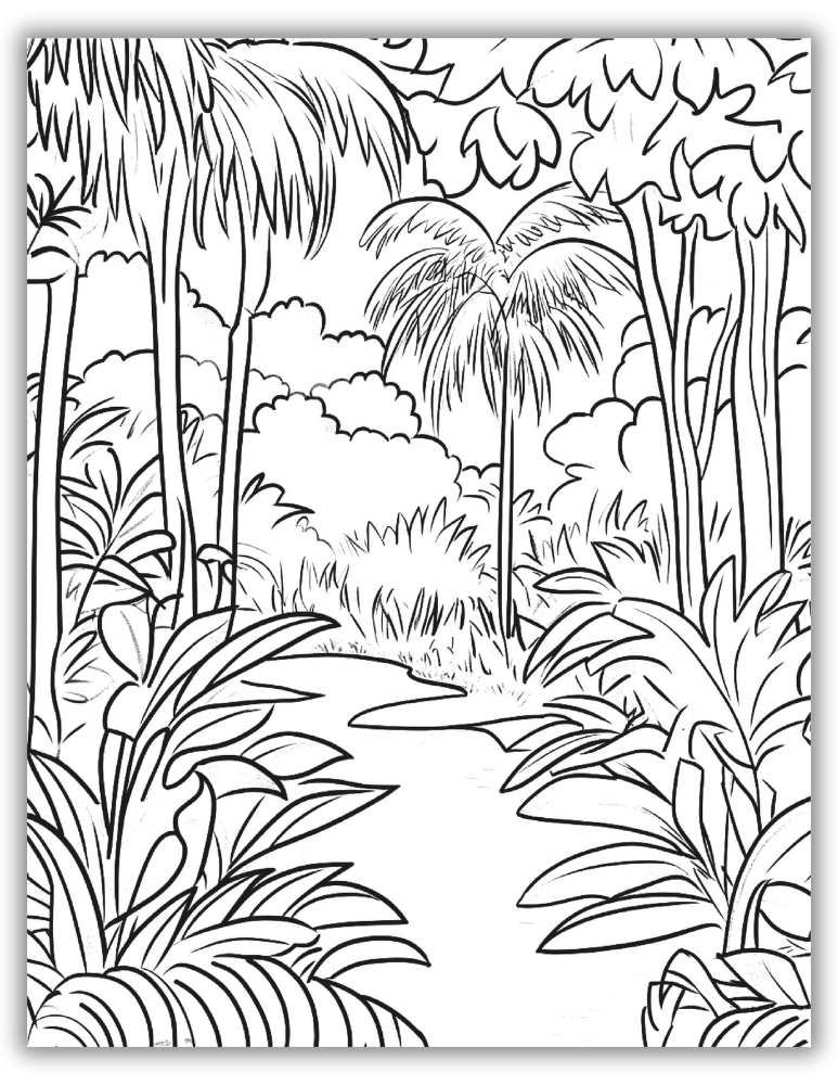 Detailed forest scene with trees, plants, and intricate line art – free printable PDF coloring page for older kids or adults.