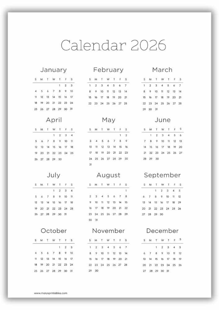 Minimalist Classic Style Vertical Yearly Calendar - No Holidays