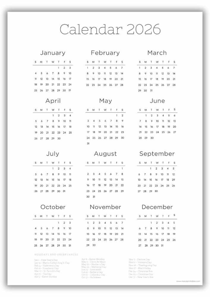 Minimalist Classic Style Vertical Yearly Calendar - with US Holidays