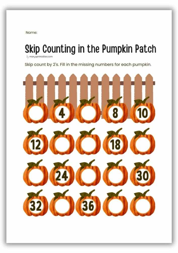 Halloween math worksheet for kids practicing skip counting by 2’s with pumpkins.