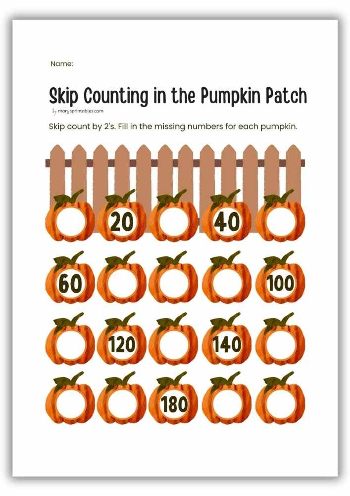 Halloween math worksheet for kids practicing skip counting by 2’s with pumpkins. - Worksheet 3