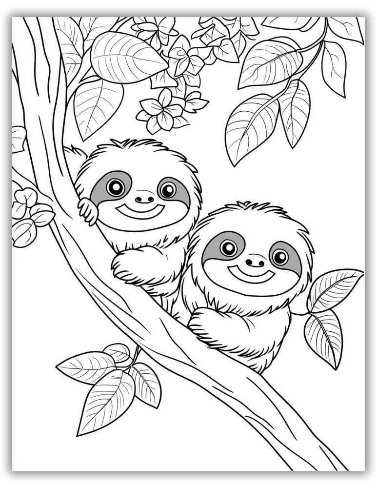 Two adorable baby sloths sitting on a tree branch with leaves &mdash; free sloth coloring sheet.