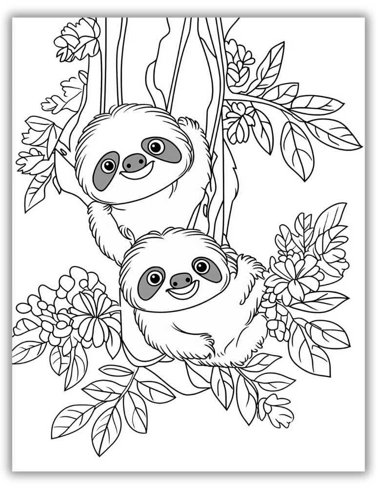 Two cute sloths hanging from tree branches with leaves and flowers &mdash; free printable sloth coloring page for kids.