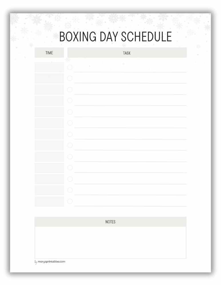 Snow-themed Boxing Day schedule printable for winter holiday planning