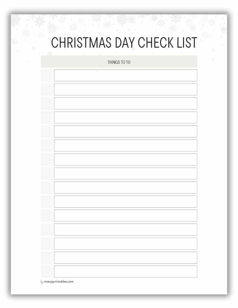 Snow-themed Christmas Day checklist printable for winter celebrations