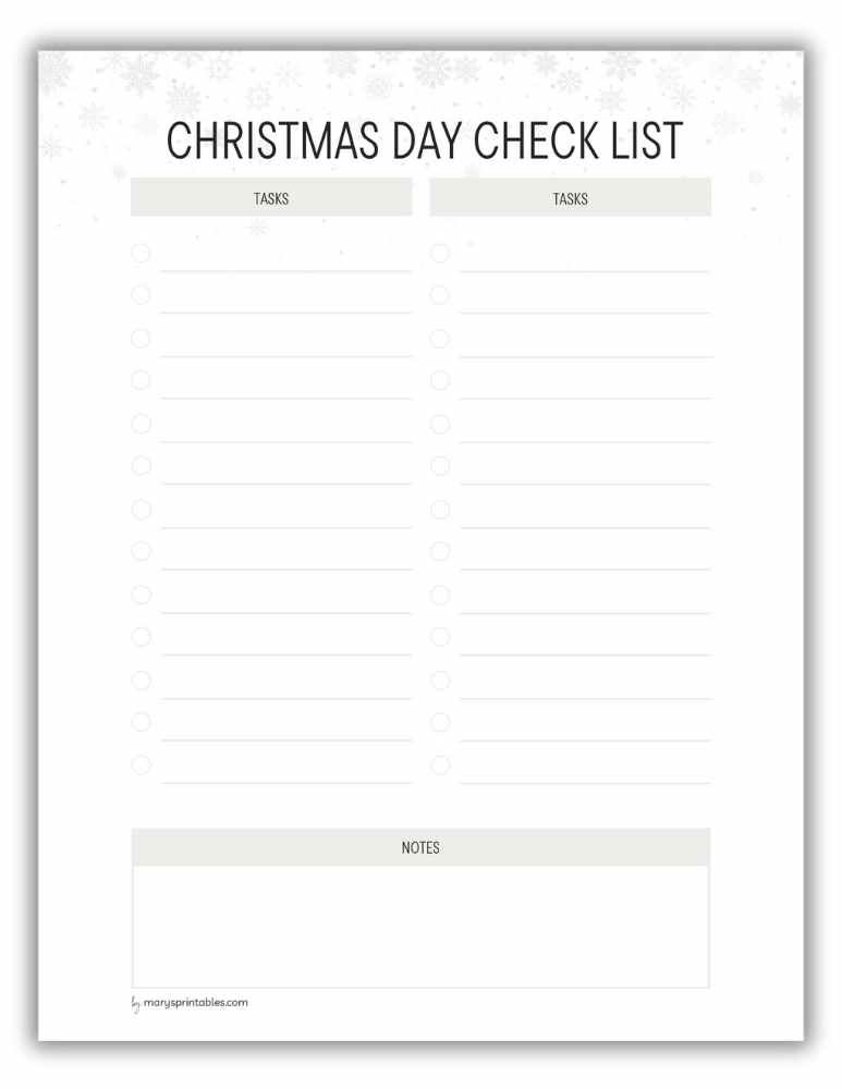 Snow-themed Christmas Day checklist printable for winter celebrations Version 2