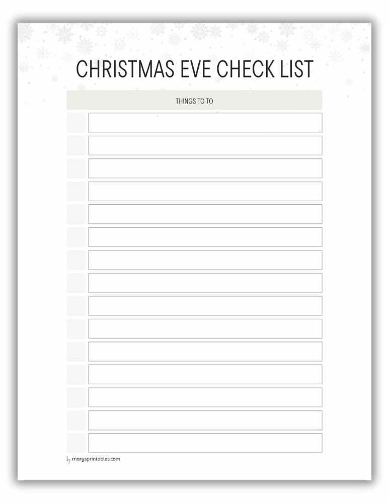 V2 Snow-themed Christmas Eve checklist printable in frosty whites for a peaceful, stress-free holiday.