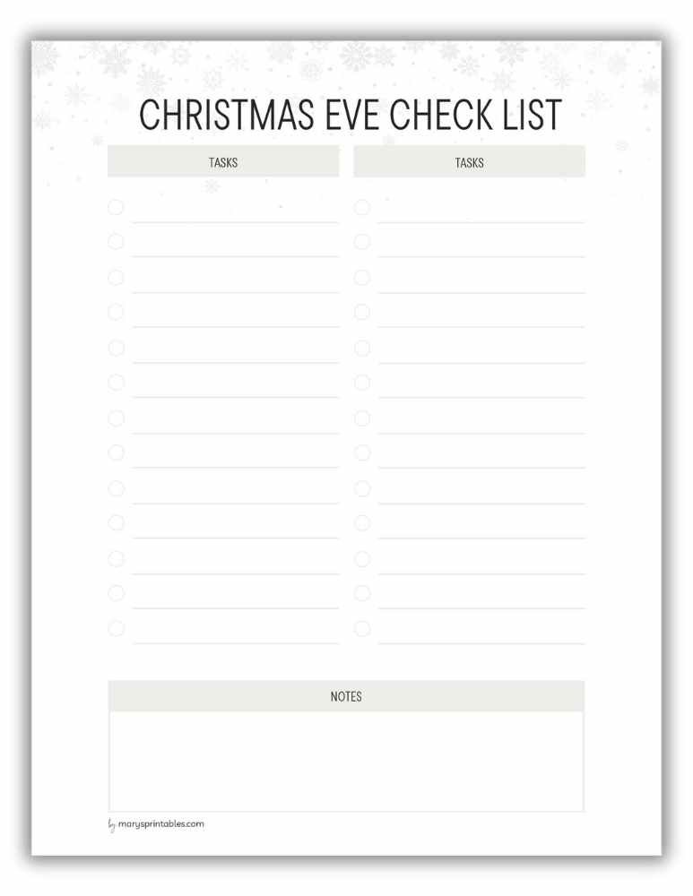 Snow-themed Christmas Eve checklist printable in frosty whites for a peaceful, stress-free holiday.