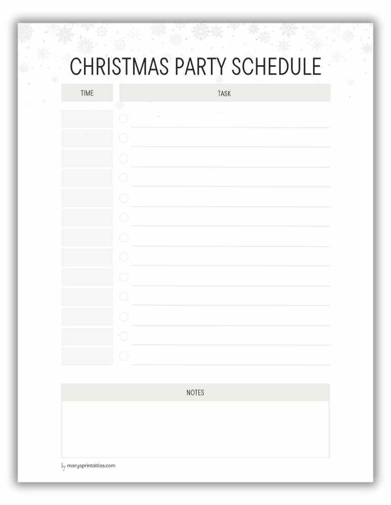 Snow-themed Christmas party schedule printable for winter celebrations