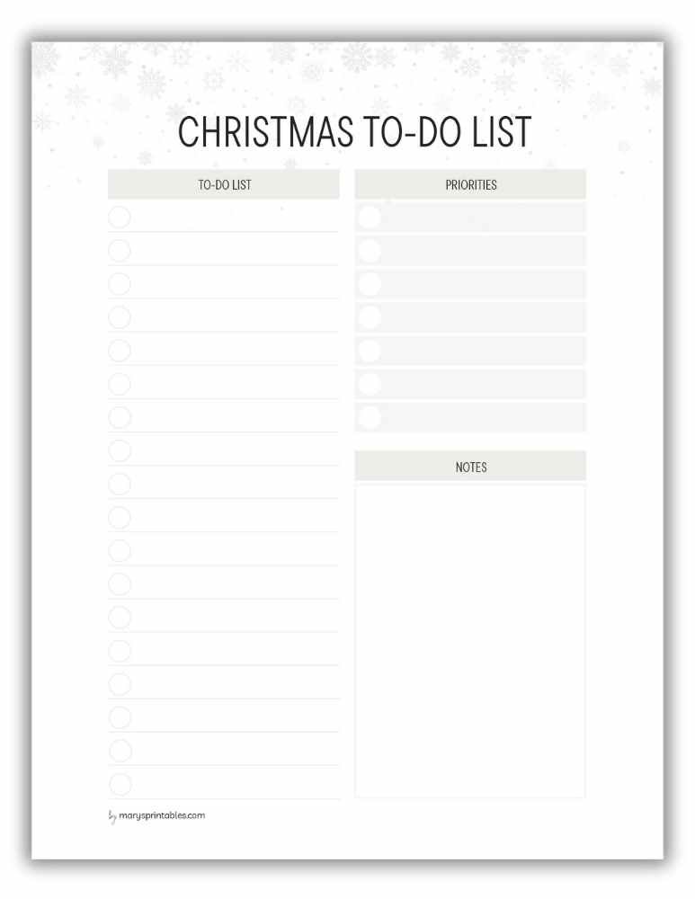 Snow-themed Christmas to-do list printable with frosty minimalist design for easy planning.