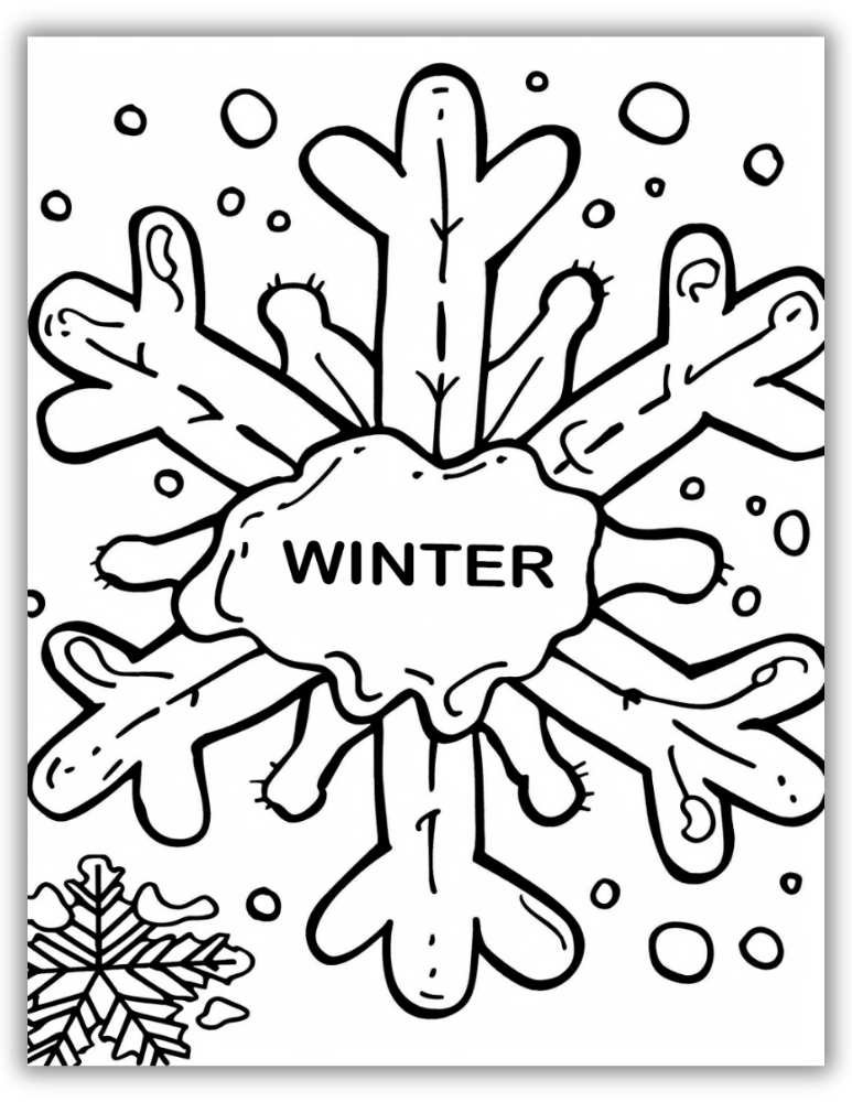 Winter coloring page with a large decorative snowflake and the word winter in the center