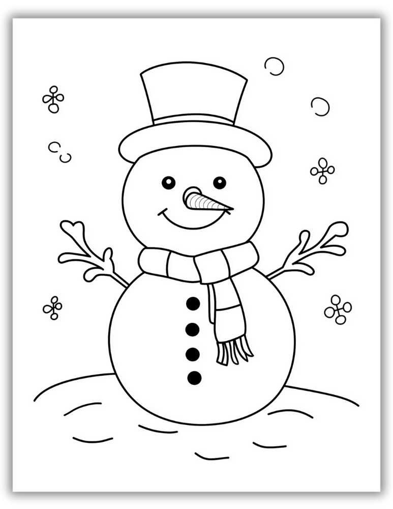 Simple winter coloring page of a snowman wearing a hat and scarf in the snow