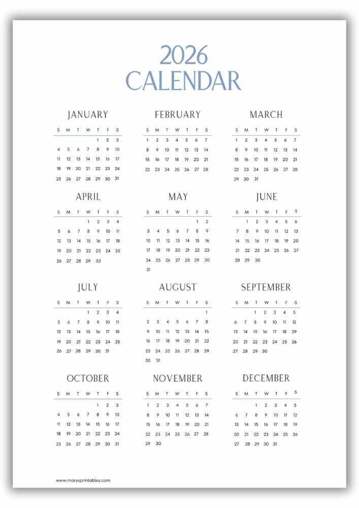 Soft Blue 2026 Calendar Vertical Type no Holidays
