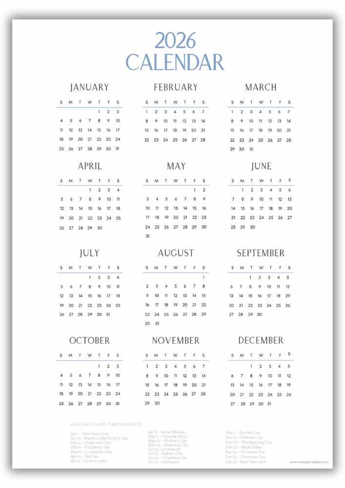 Soft Blue 2026 Calendar Vertical Type with US Holidays