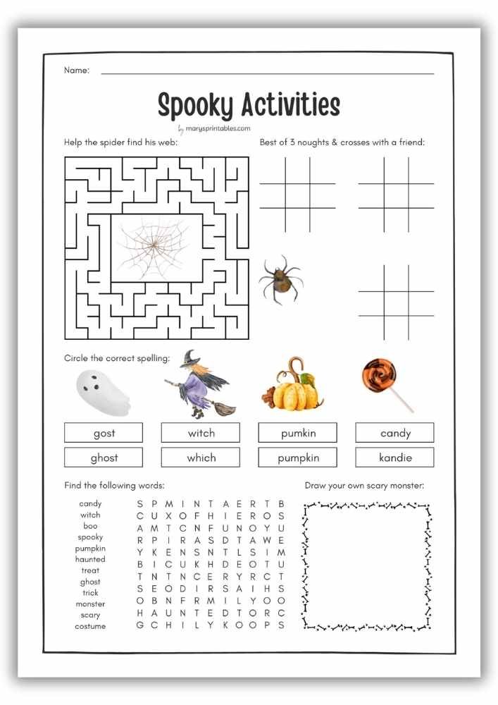 Printable Halloween activity sheet with fun spooky themed tasks for kids.
