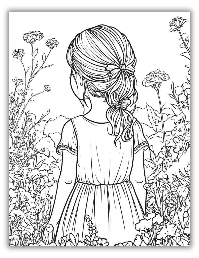 Spring Coloring Page with Adorable Girl
