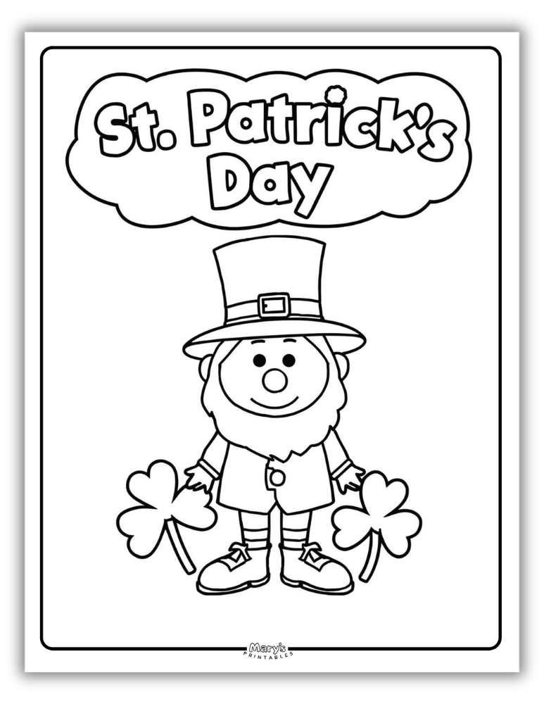 Cute St. Patrick Coloring Page with Shamrocks on Leprechaun