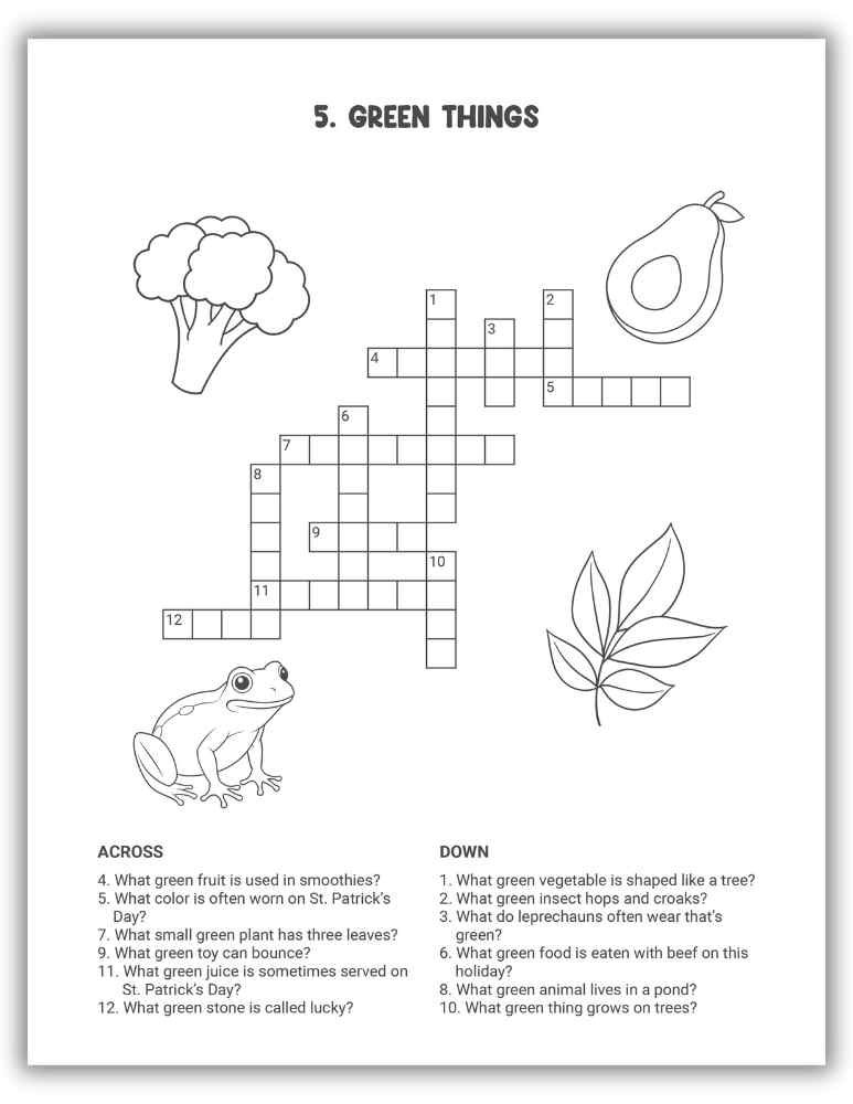Green Things Crossword Puzzle Printable &mdash; fun, easy puzzle with clues about green objects.