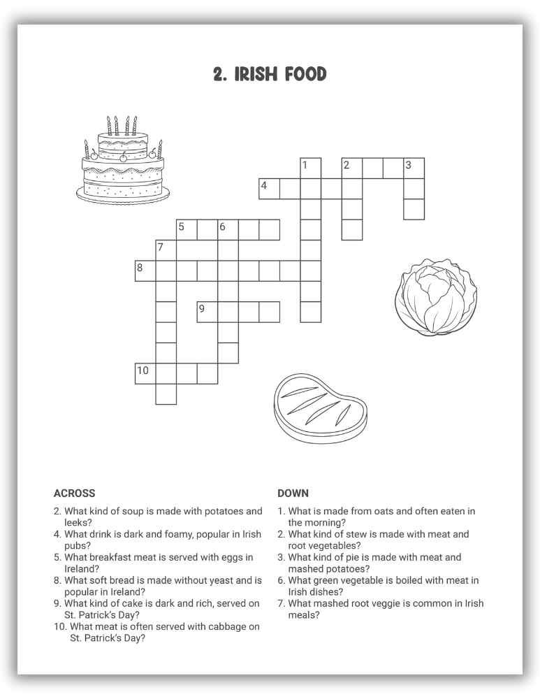Irish Food Crossword Puzzle Printable &mdash; crossword clues about traditional St. Patrick&rsquo;s Day dishes.