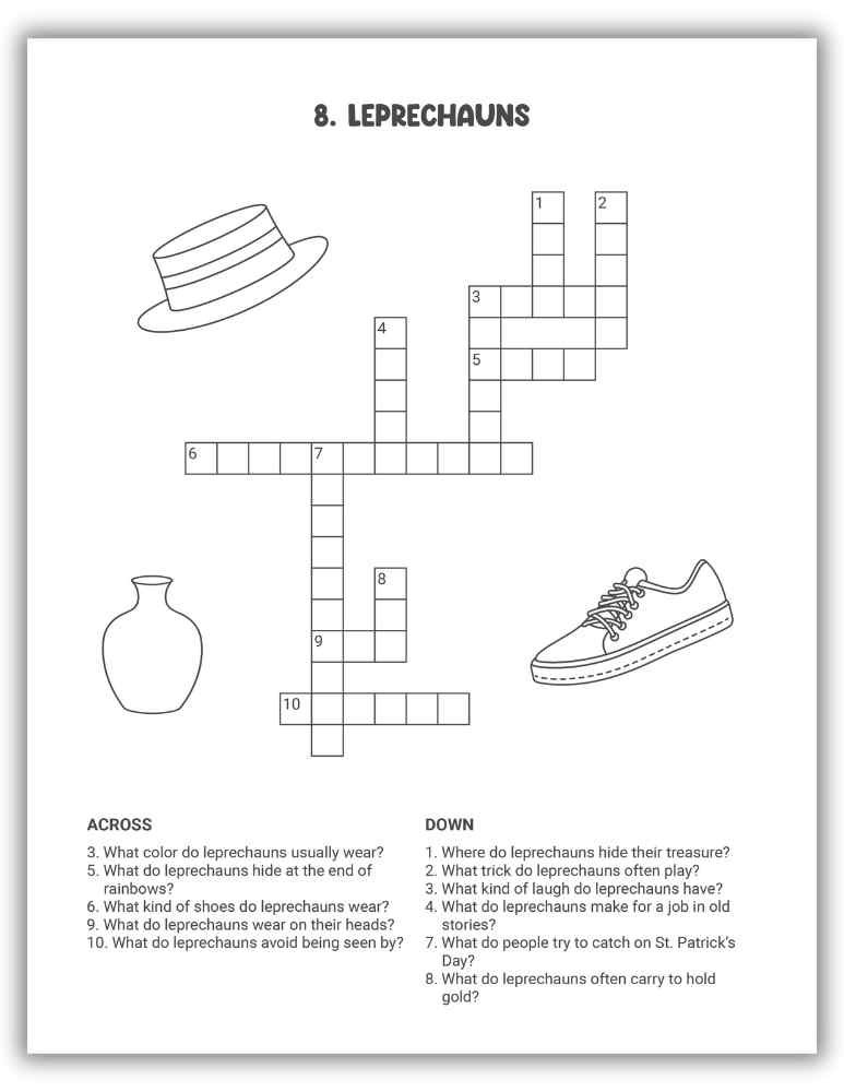 Leprechaun Crossword Puzzle Printable &mdash; clues about leprechauns, rainbows, and pots of gold.