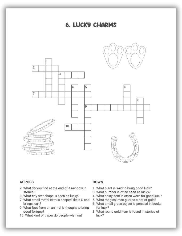 Lucky Charms Crossword Puzzle Printable &mdash; fun puzzle about lucky items and sayings.
