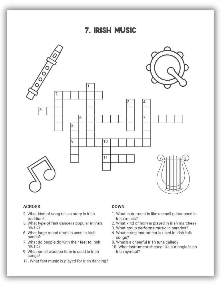 Irish Music Crossword Puzzle Printable &mdash; clues about traditional Irish songs and instruments.