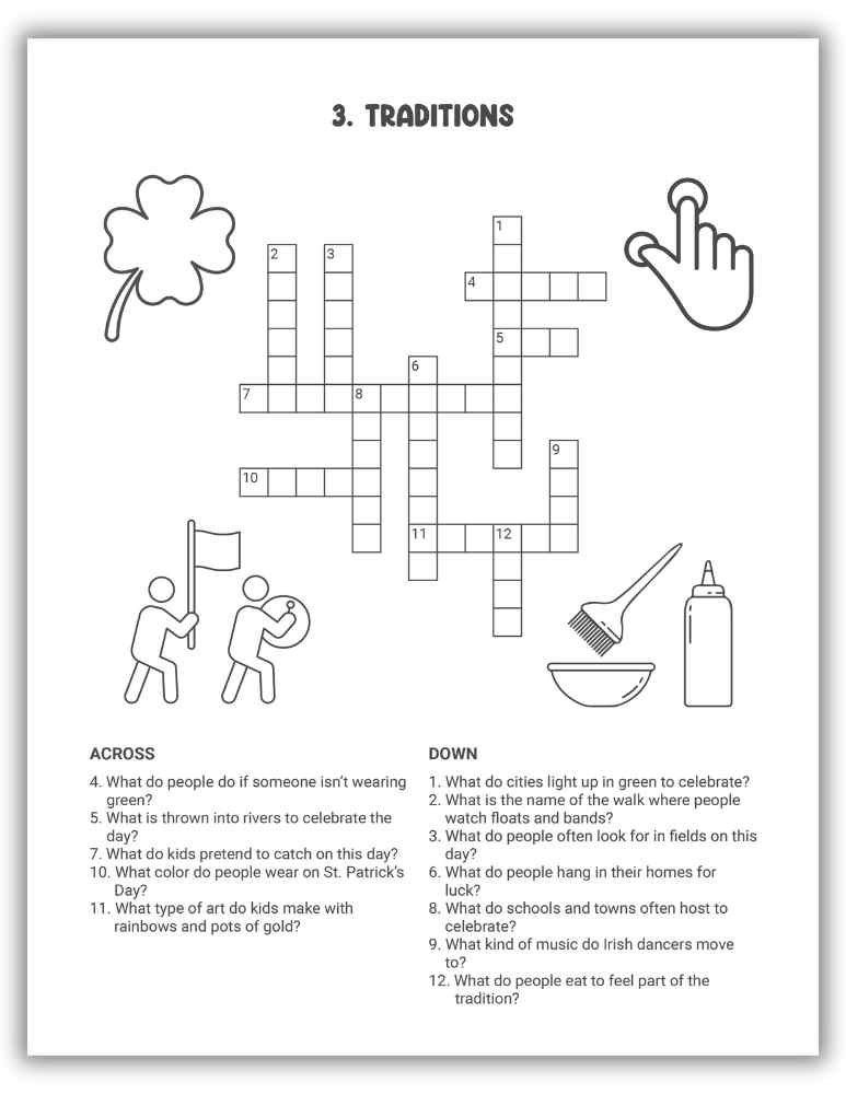 St. Patrick&rsquo;s Day Traditions Crossword Puzzle Printable &mdash; clues about holiday customs and celebrations.