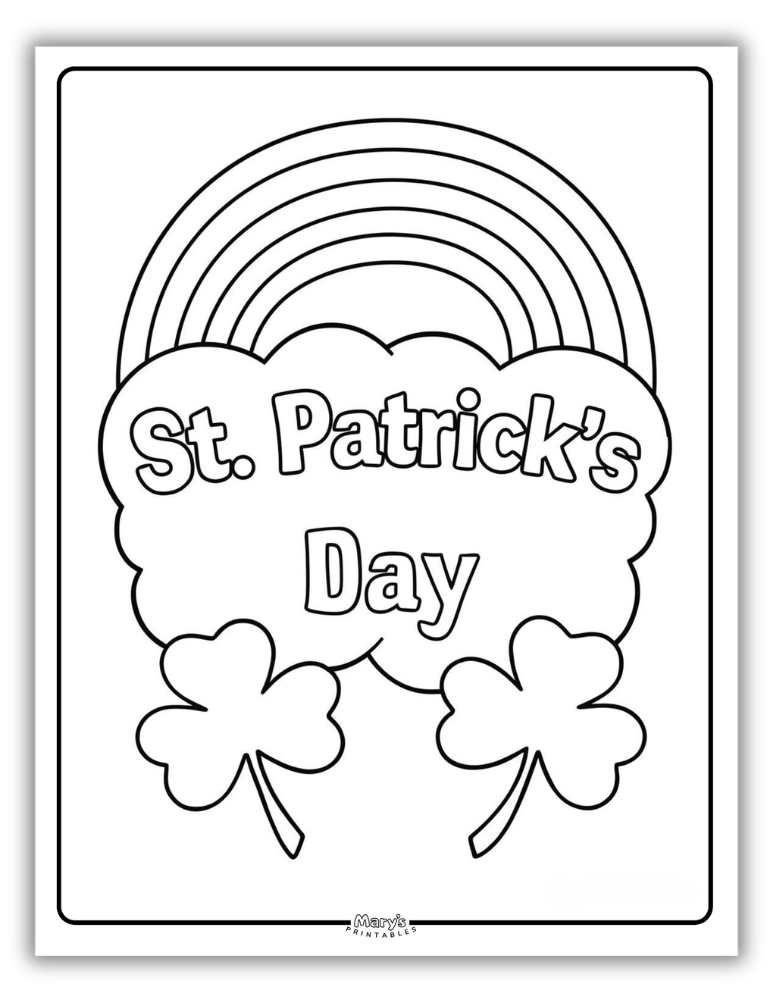 Happy St. Patrick’s Day bubble text coloring page printable with Rainbow and Shamrock