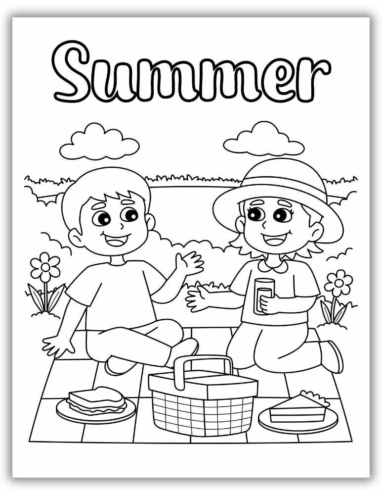Summer coloring page showing two kids having a picnic outdoors with food, drinks, and the word summer at the top