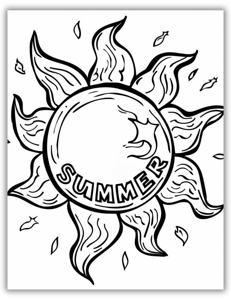 Summer coloring page with a bold sun design and the word summer inside decorative sun rays
