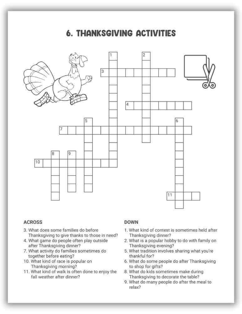 Thanksgiving Activities Crossword Puzzle Printable — clues about family fun and fall activities.