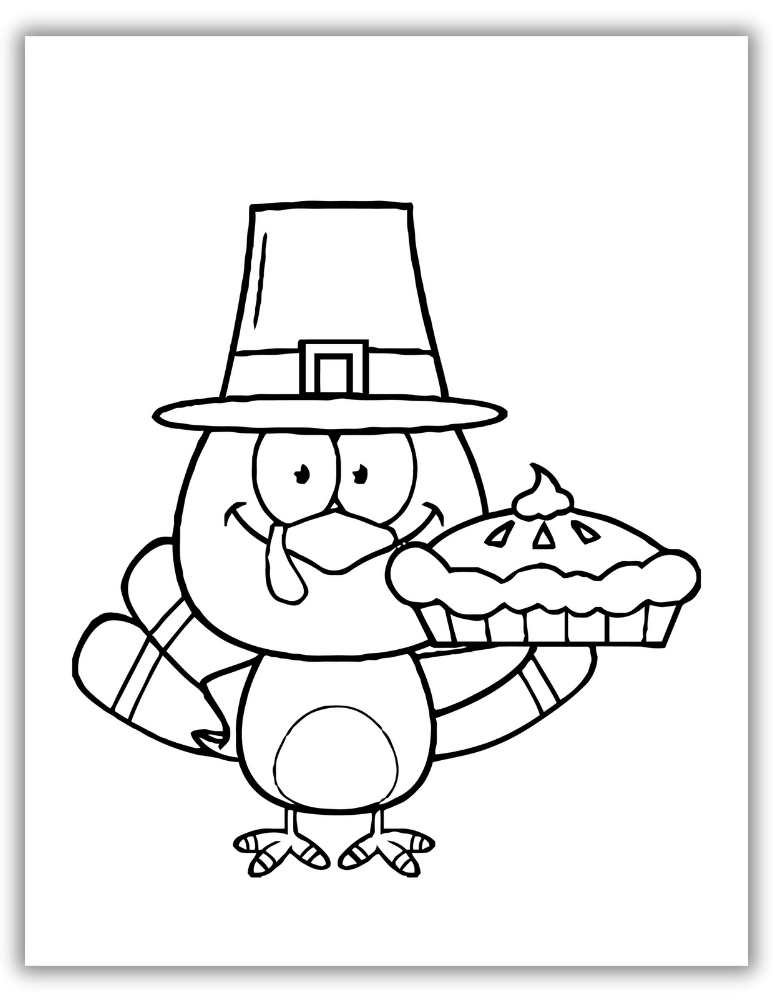 Cute Turkey with Pie Coloring Page