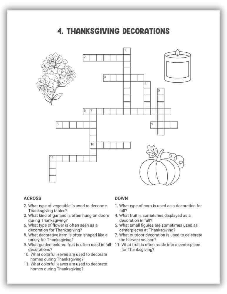 Thanksgiving Decorations Crossword Puzzle Printable — puzzle about holiday decor and autumn leaves.
