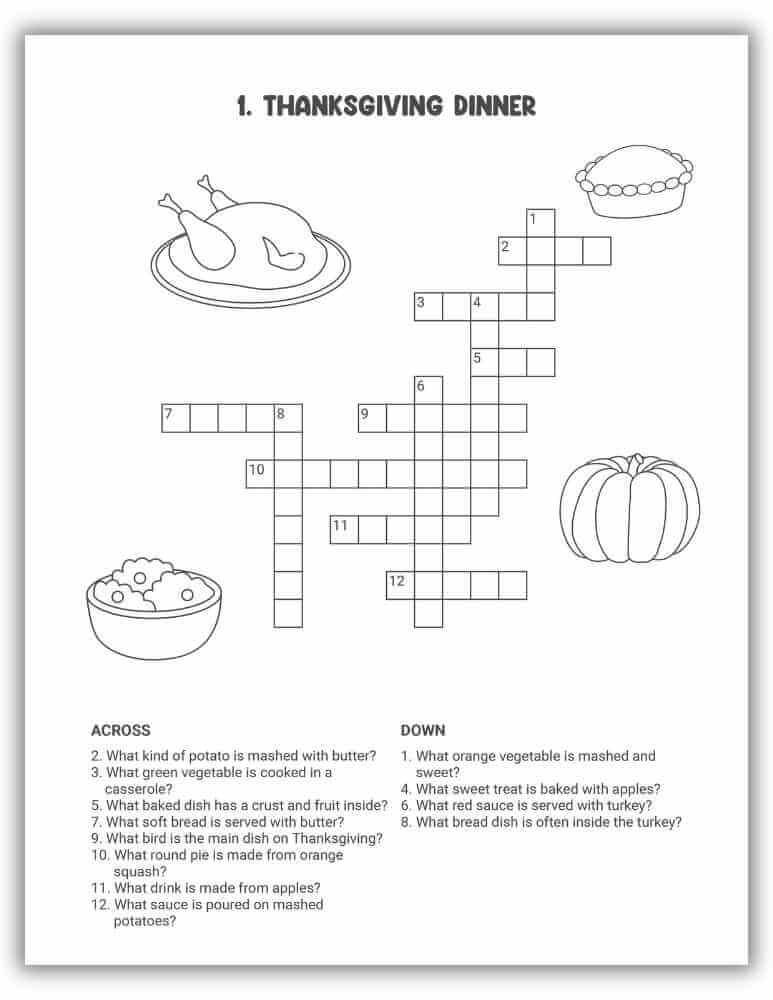 Thanksgiving Dinner Crossword Puzzle Printable — clues about traditional holiday foods.