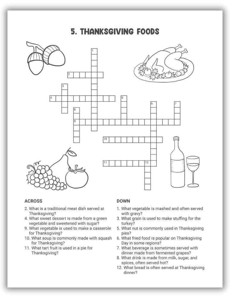 Thanksgiving Foods Crossword Puzzle Printable — crossword about side dishes, desserts, and traditional holiday foods.