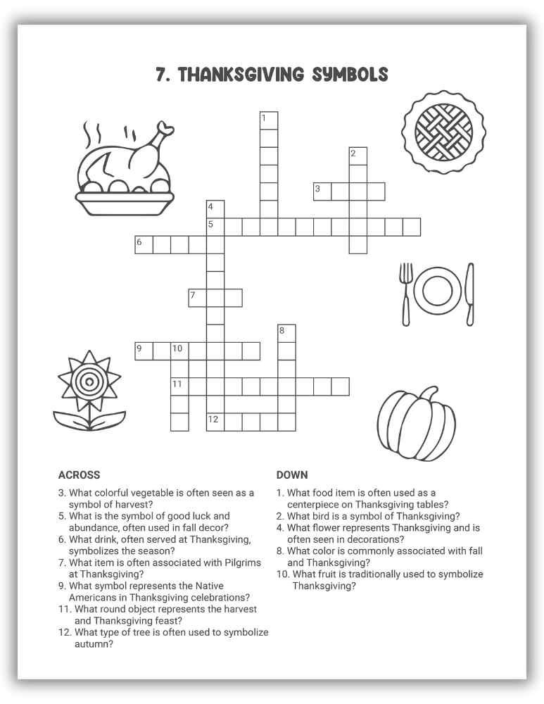 Thanksgiving Symbols Crossword Puzzle Printable — puzzle with clues about harvest and fall symbols.