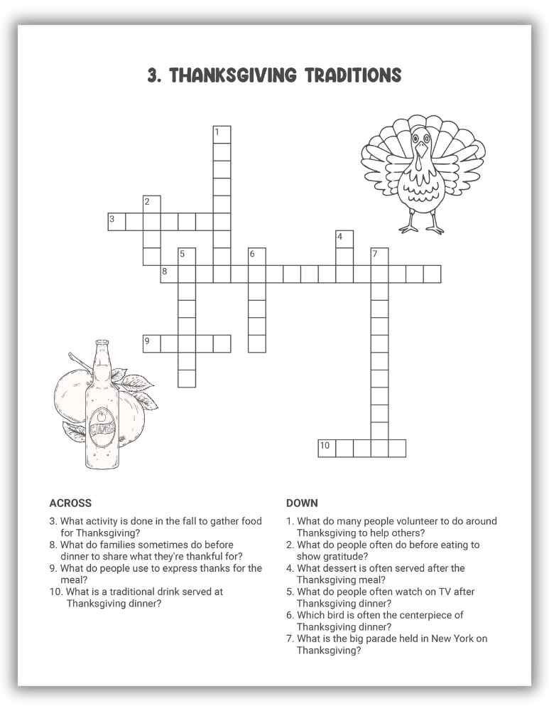 Thanksgiving Traditions Crossword Puzzle Printable — puzzle with clues about holiday customs.