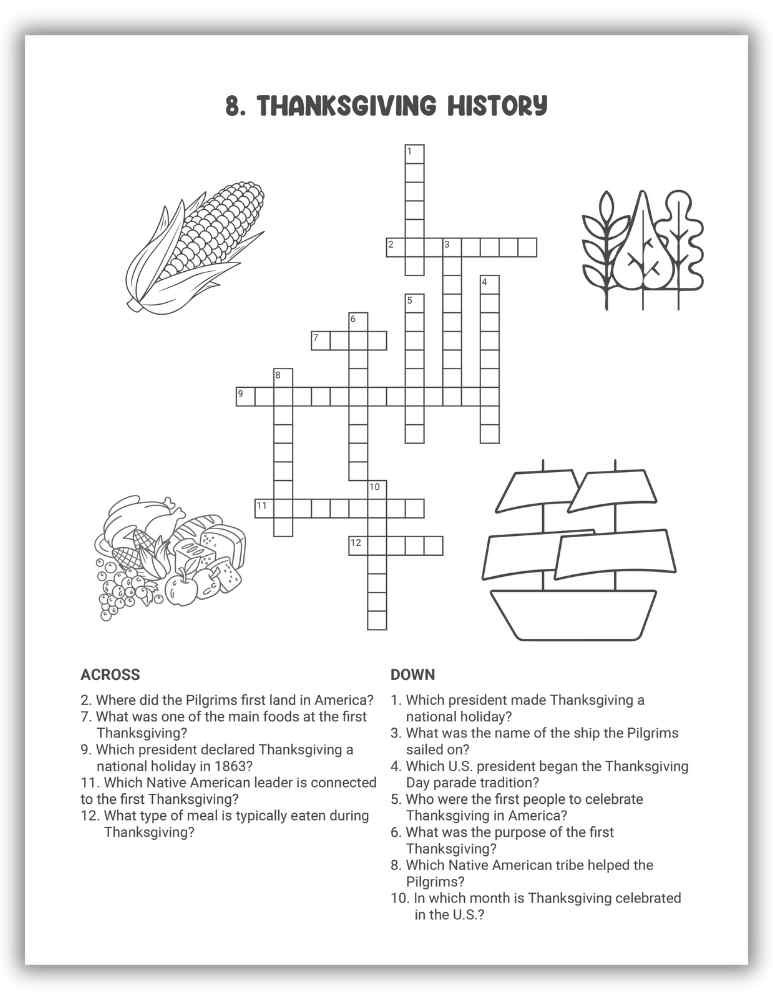 Thanksgiving History Crossword Puzzle Printable — educational crossword about the origins of Thanksgiving.