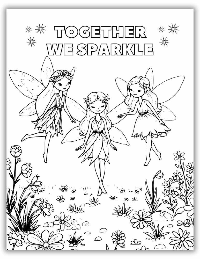 Three fairies together in a magical scene – fairy coloring page with friendship theme.