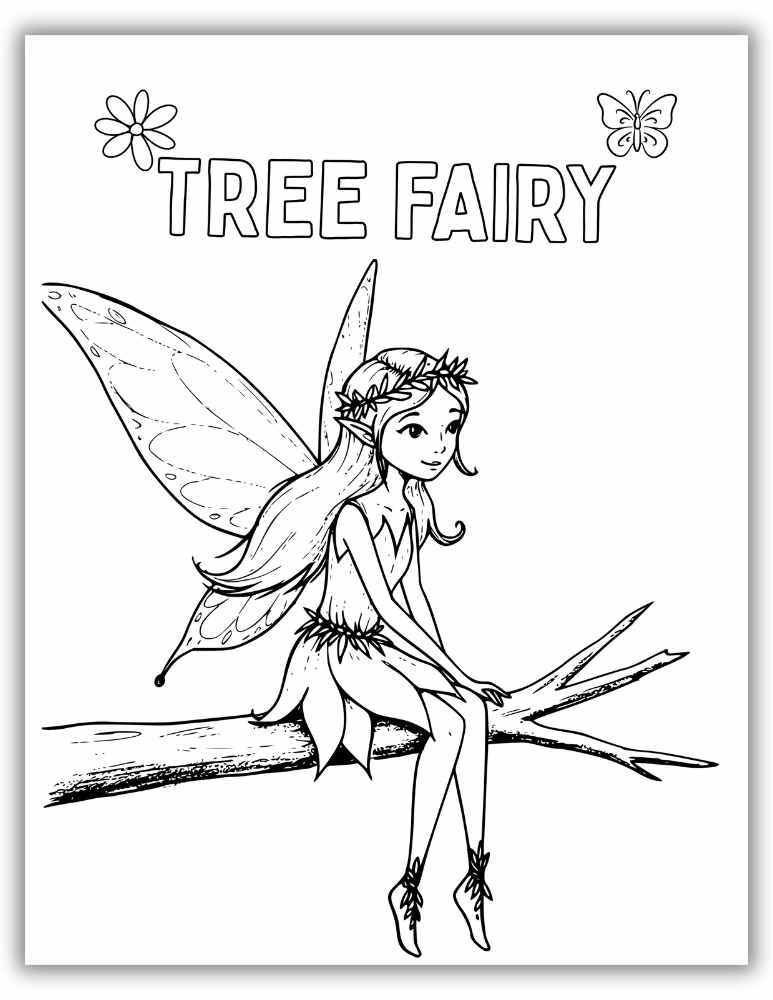 Printable tree fairy coloring page for kids – whimsical fairy standing in the trunk tree