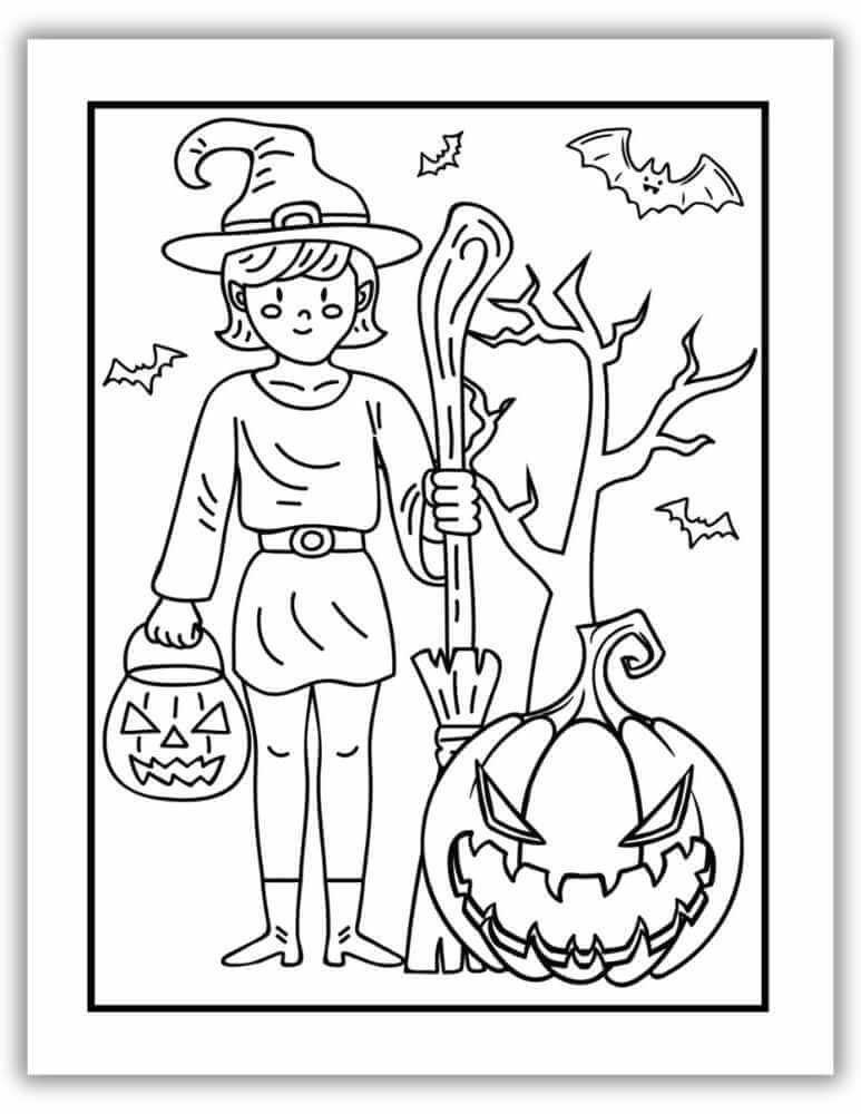 Printable trick-or-treat Halloween coloring page with kids, witch hat, and pumpkin.