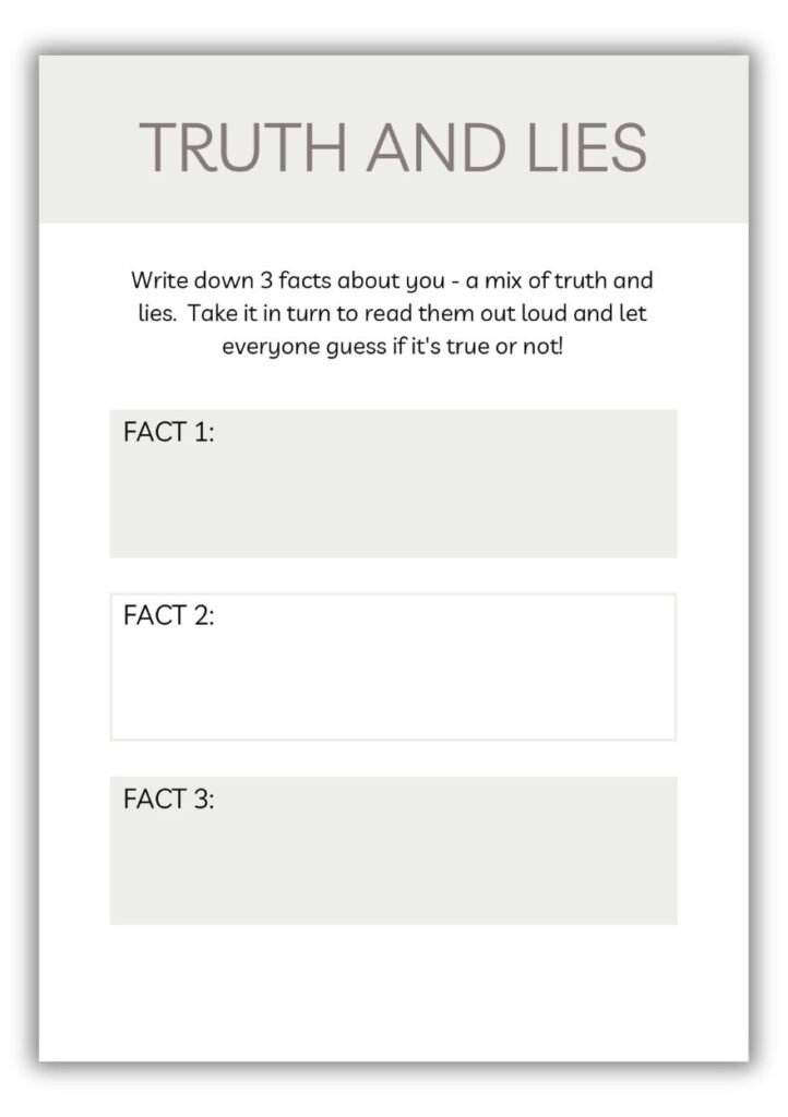 Truth and Lies baby shower printable game sheet with three fact boxes for guests to write one truth and two lies